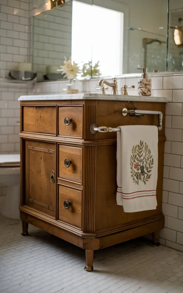 A photo of a vintage vanity with a towel bar on the side. The vanity has a marble top and is placed in a bathroom with a white tile floor. There are decorative cotton hand towels hanging on the towel bar. The background has a mirror and a few bathroom items. The lighting in the room is soft.