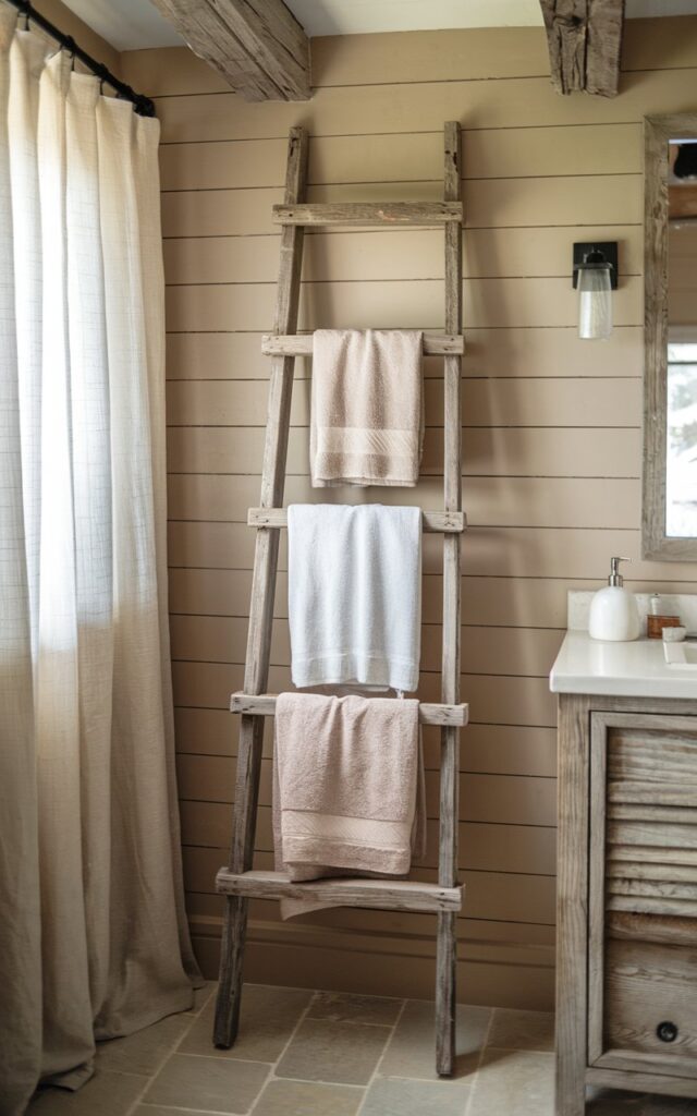 A photo of a warm and inviting farmhouse bathroom with a rustic wooden ladder leaned casually against a beige shiplap wall. Soft, plush towels in neutral tones hang from the ladder's rungs, adding texture and function. The ladder's weathered wood finish complements exposed ceiling beams and a reclaimed wood vanity. Natural light filters through linen curtains, highlighting the cozy, lived-in charm of this simple yet stylish towel storage solution.