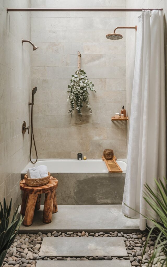 A photo of a well-furnished Balinese bathroom with a shower area. The shower area has a white bathtub, a showerhead, a shower curtain, a basket for towels, and a wooden stool. A small eucalyptus bundle hangs from the showerhead. The floor is made of pebbles, and the walls are made of porcelain tiles.
