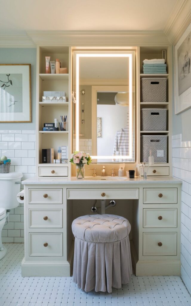 A photo of a well-lit built-in vanity desk without a sink for makeup application. The vanity features an LED backlit mirror, a plush stool, drawer organizers, a small vase of flowers, and makeup products organized in clear containers. The English cottage bathroom also contains a wash basin, a toilet, and other bathroom fixtures.