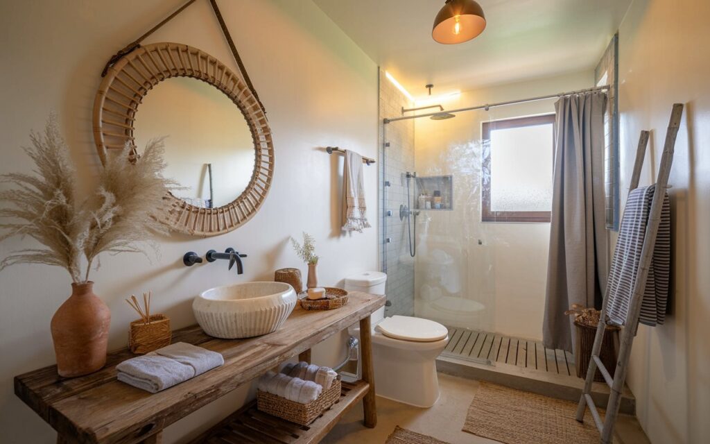 A well-lit cozy boho-style bathroom with a round rattan-framed mirror hanging above a rustic wooden vanity. The vanity has a white ceramic basin and holds pampas grass in a clay vase, a small basket with essential items, rolled towels, etc. The bathroom features a toilet, a shower area with a glass door, a curtained window, a floor rug, a ladder as a towel rack, and a pendant light. The ceiling light is warm, and the natural light is soft and ambient.