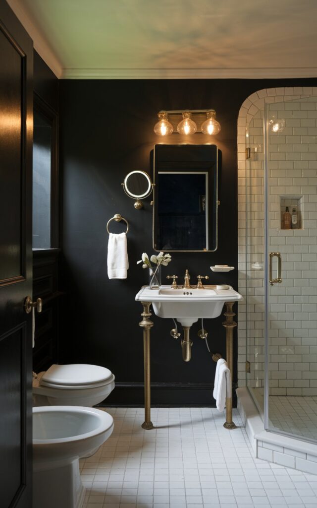A photo of a traditional-style bathroom with matte black walls. The bathroom has a toilet, sink, and shower area. There is a warm lighting above the mirror. The sink has a brass faucet. The floor is covered with white tiles. The shower area has a glass door. The space is well-organized and well-decorated. The natural light is ambient.