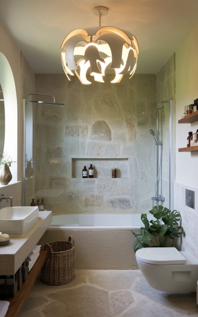 A photo of a fully furnished Alpine chic bathroom with a modern, sculptural chandelier. The chandelier has warm light. The bathroom has a bathtub, a shower, a sink, and a toilet. There is a basket and a plant near the bathtub. The walls and floors are made of stone.