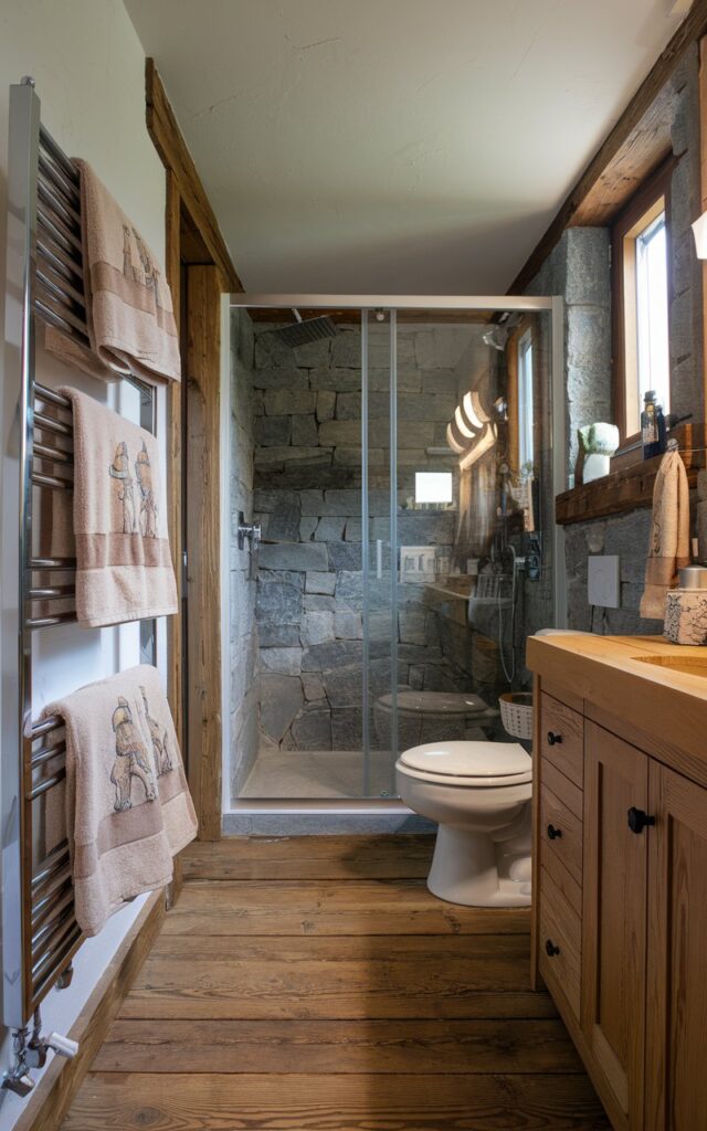 A photo of a farmhouse modern bathroom with an Alpine chic style. There is a towel warmer with fluffy, designer towels hanging on it. The bathroom is fully furnished with amenities and accessories, including a vanity, a toilet, and a shower. The walls are made of stone and have a rustic texture. The floor is made of wooden planks.