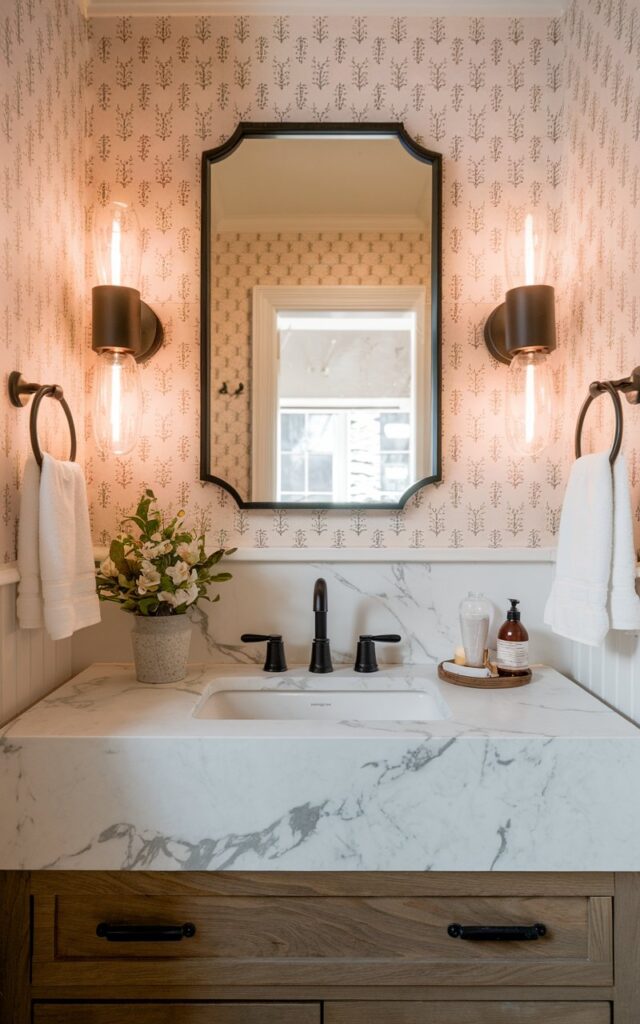 An Americana + Alpine chic bathroom with a marble veined vanity and a matte black faucet. The walls have wallpaper and wall scones with warm lighting. The vanity and bathroom are fully furnished.