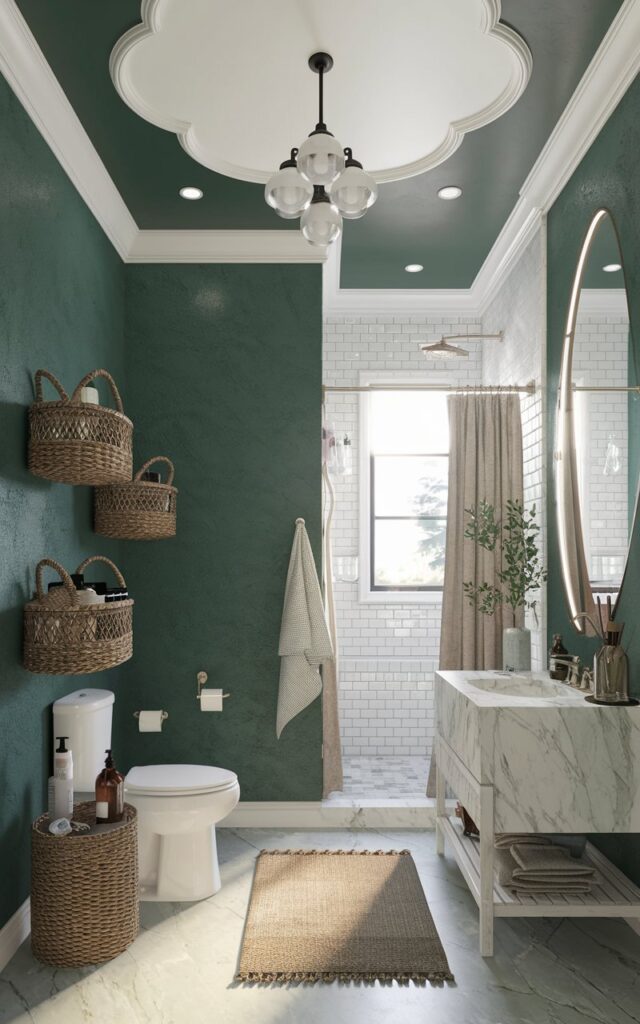A photo of a modern Americana-style bathroom with forest green textured walls. The room features a white and green mix recessed ceiling with a cluster pendant light. There are woven baskets against the wall, filled with toiletries. The bathroom contains a toilet, a marble vanity with essentials and decor, a shower area, a curtained window, a floor rug, and a few other items. The room is illuminated by morning natural light.