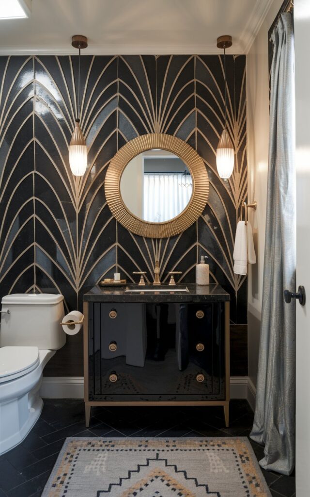 An Art Deco-inspired bathroom with a bold, geometric tile backsplash in black, gold, and white. The tiles form a striking fan or chevron pattern behind a sleek, black vanity with gold accents. A round mirror with a sunburst frame and soft pendant lighting complete the luxe, vintage-meets-modern aesthetic. The bathroom also has a toilet, curtained window, floor rug, etc., photo