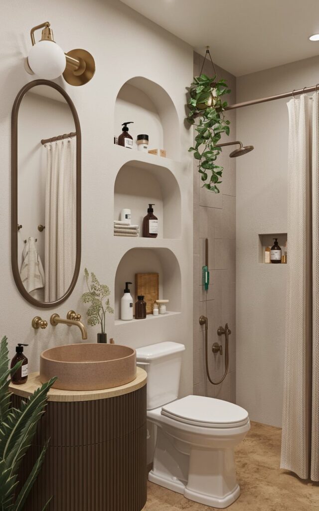 A magazine-inspired photo of a small, full bathroom with a Zen and Japandi aesthetic. The bathroom has a round sink with a brass faucet, an oval mirror, and arched shelves with essential items. There is a toilet, a curtained shower area, and a vanity. The walls are painted in a light color, and the floors are covered with a natural material. The room contains a few plants and has a few decorative items.