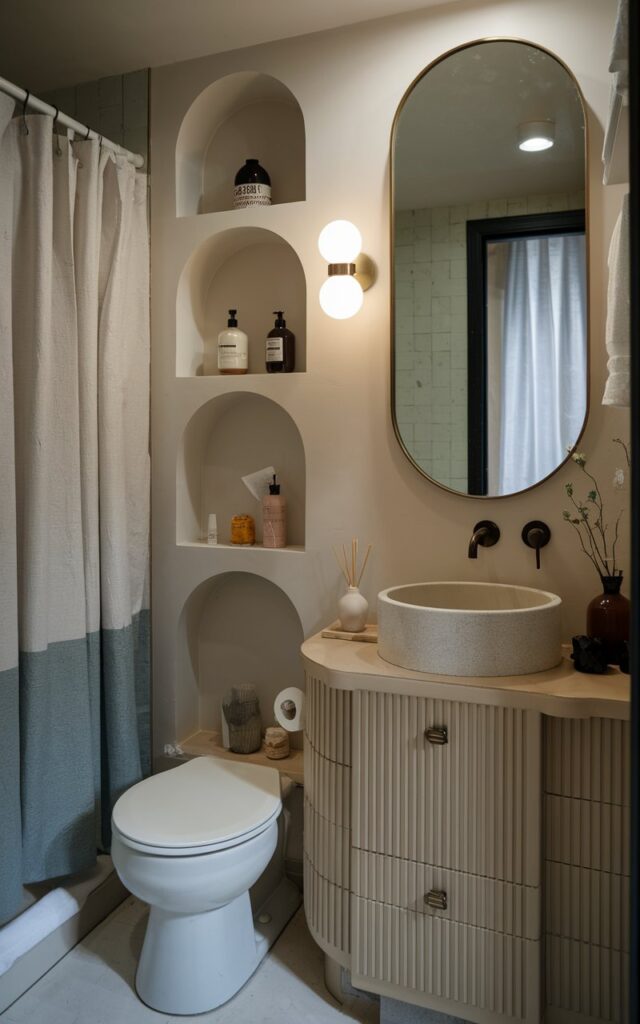 A photo of a small, full bathroom with a round sink, oval mirror, and arched shelves with essentials. The bathroom has a toilet, curtained shower area, vanity, and is well decorated in an Asia Zen + Japandi style. The room has a magazine-inspired look.