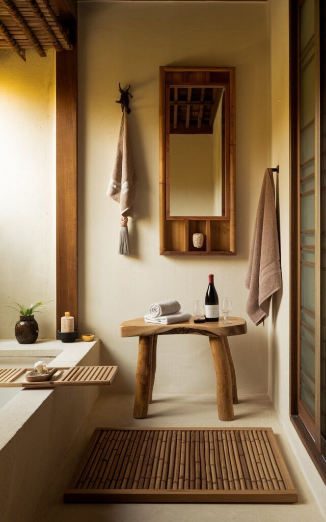 A photo of a Zen-style bathroom in Asia with wooden accents. There's a teak stool placed near the wall, with a wine bottle, a book, and a rolled towel on top. The wall has a wooden mirror frame and a few hanging items. There's a bamboo bath mat near the bathtub. The bathroom has functional elements and accessories, and the atmosphere is spa-like and calm. The room is filled with warm natural light.