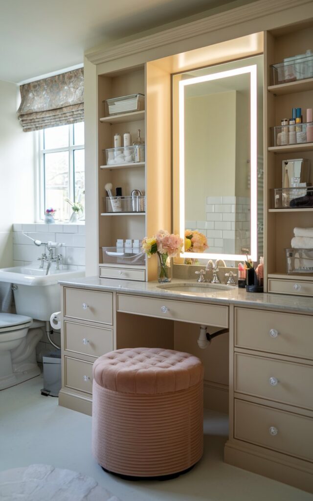 A photo of a an English cottage bathroom having a vanity with an LED backlit mirror, a plush stool, drawer organizers, a small vase of flowers, and makeup products organized in clear containers. The bathroom also has a wash basin, a toilet, and a window with a curtain.