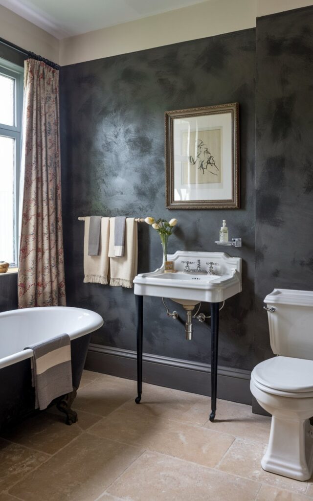 A photo of an English countryside bathroom with a moody color palette wall in plaster finish + framed art. The bathroom has a charming, decorated, and functional design. There is a freestanding bathtub, a vintage-style sink, and a toilet. The wall has a textured plaster finish and is painted in a dark grey hue. There is a framed art piece above the sink. The floor is covered with beige tiles. The room has a window with a curtain.