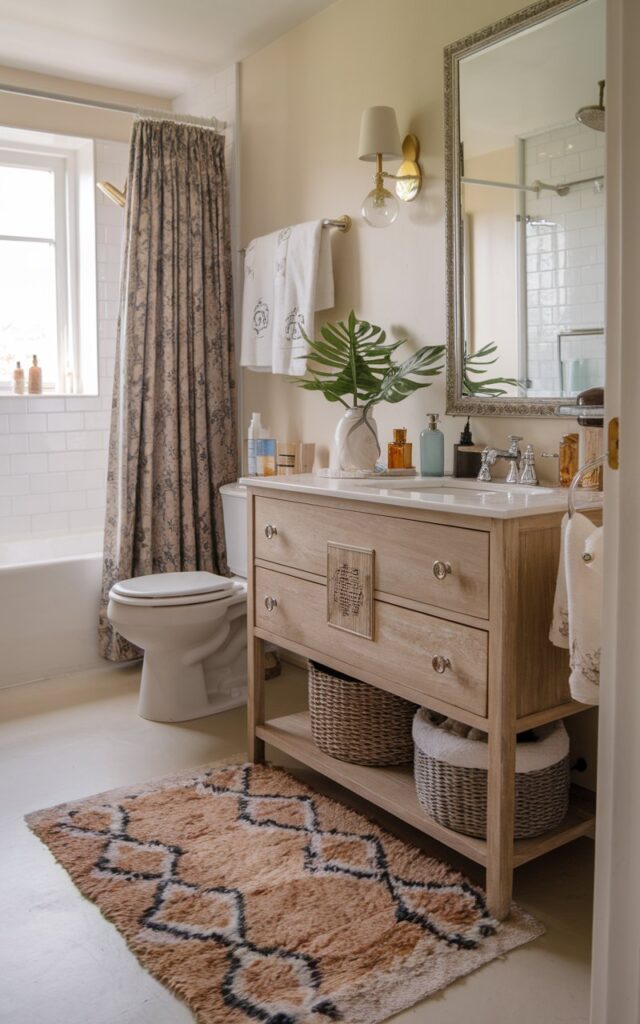 A photo of an English countryside bathroom with a luxurious texture vanity. The vanity contains skincare, haircare, decor, and a plant. There is a simple patterned runner on the floor, which adds depth to the vanity. The bathroom also has a toilet, shower area, curtained window, and a fluffy patterned rug under the vanity.