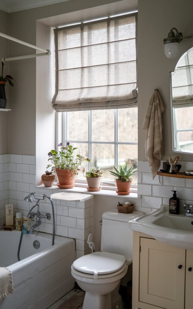 A photo of an English countryside bathroom with a window having linen-look blinds. There are potted plants on the window sill. The bathroom is fully furnished with a white tub, a toilet, a sink, a mirror, and a few decorative items. The overall lighting is soft and mild.