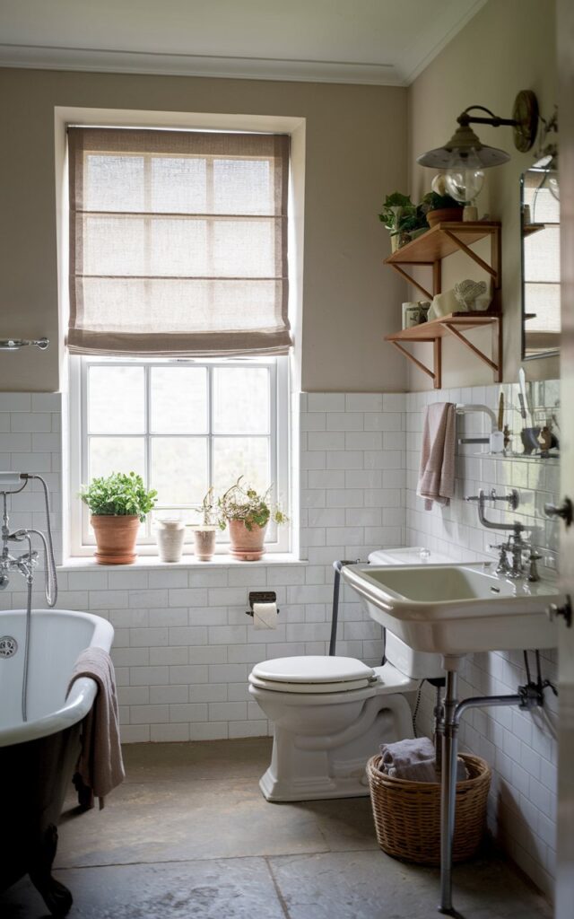 A photo of an English countryside bathroom with a window covered by linen-look blinds. There are potted plants on the window sill. The bathroom is fully furnished, with a freestanding bathtub, a toilet, a sink, and a vintage-style light fixture. The walls are tiled, and there is a wooden shelf above the toilet. The floor is made of stone. The room has soft, mild natural light.