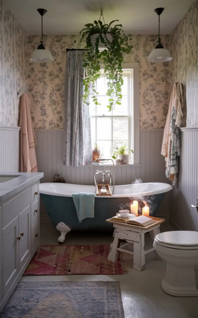 A photo of a boho bathroom in an English countryside setting. There is a vintage clawfoot tub with a steaming teacup, an open book, and a softly glowing candle on a small, weathered wooden stool beside it. The walls have floral wallpaper or beadboard. There are layered rugs and hanging plants. The bathroom has a vanity, toilet, curtained window, and pendant lights.
