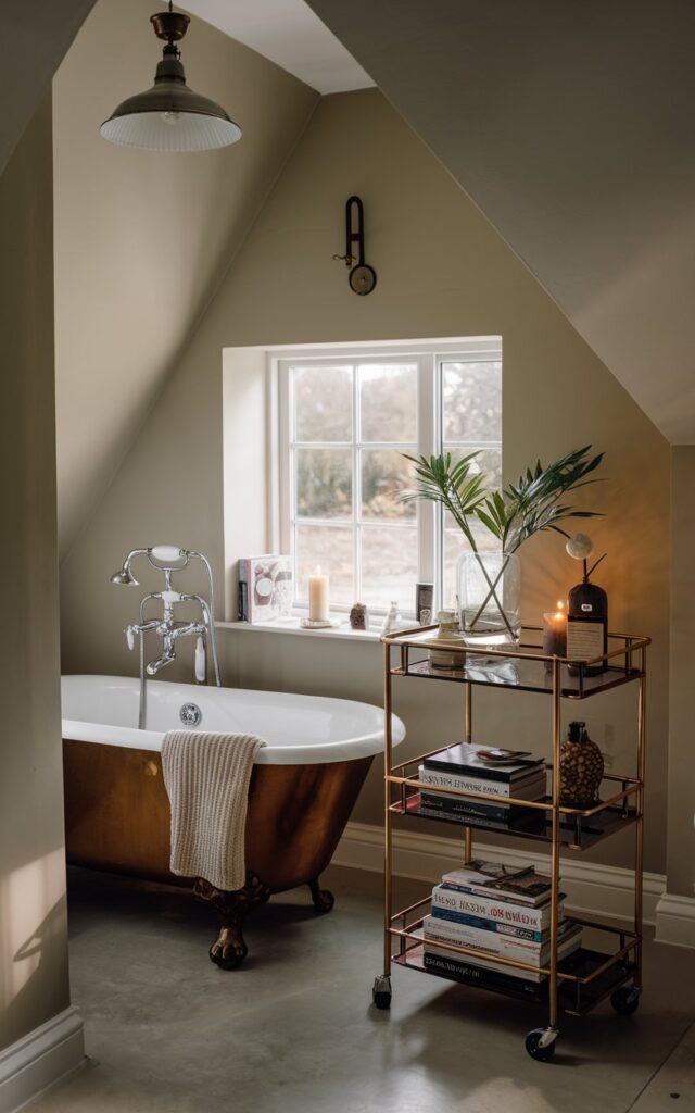 A photo of a lux bathroom in an English countryside setting. There's a freestanding bathtub near the window. Next to the tub is a sleek rolling cart filled with books, magazines, a candle, and a plant. The bathroom has a vaulted ceiling with a pendant light. The lighting is soft and filtered. The space is cozy and inviting.