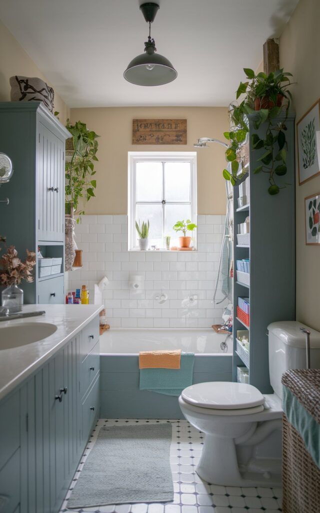 A photo of a small, full, and charming English countryside bathroom that utilises maximum space for storage. The space is well decorated, well organised, and clutter-free. The bathroom has a contrasting cabinet, wall, ceiling, and pendant light. There is a bathtub, toilet, and sink in the bathroom. The walls are adorned with plants.