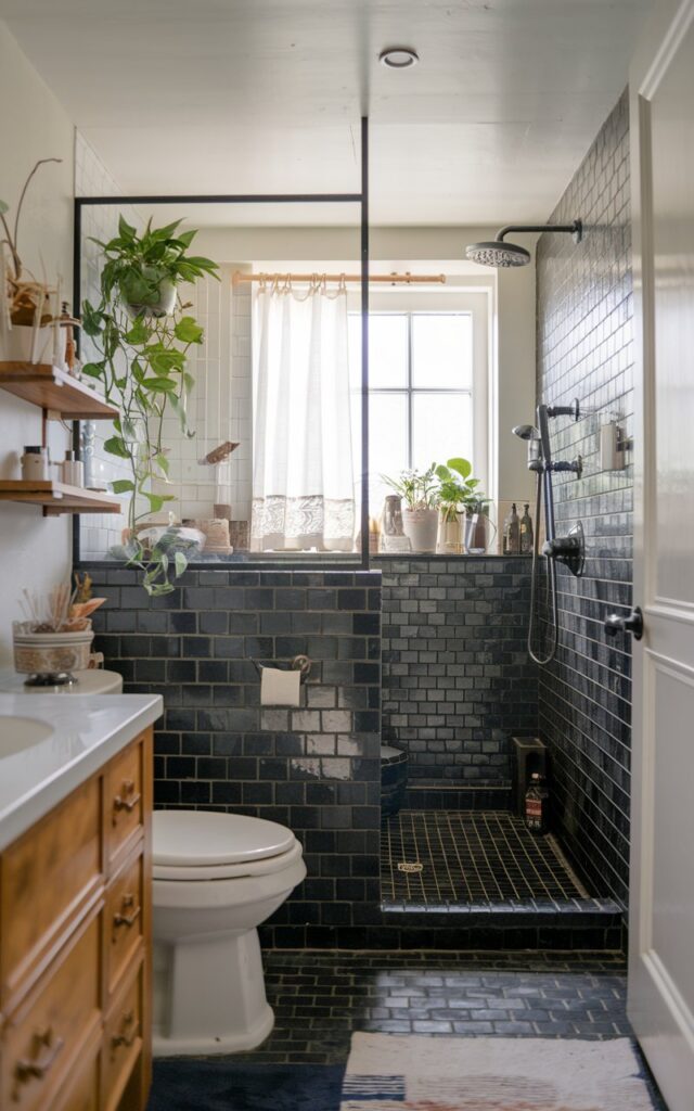 A photo of an English countryside style bathroom with a shower area in black mosaic tiles. The bathroom has a toilet, vanity, and other functional elements. There are a few plants in the bathroom. Natural light filters through a window with a curtain. The space gives spa-like vibes. The focus is on the shower area.