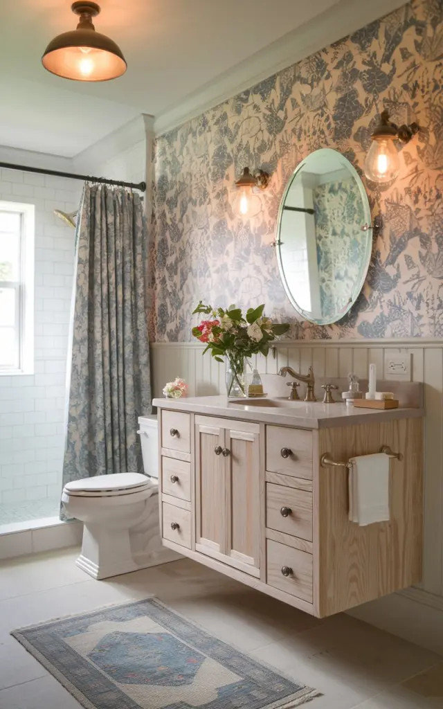 A photo of an English countryside-inspired bathroom with a floating vanity made from soft, light-toned wood. The vanity has simple lines but retains a touch of rustic charm, paired with vintage-style brass fixtures. Floral wallpaper, a classic oval mirror, and a vase of fresh garden blooms add warmth and character to the airy, elegant space. The bathroom also has a toilet, shower area, curtained window, floor rug, and a ceiling pendant light emitting warm light.