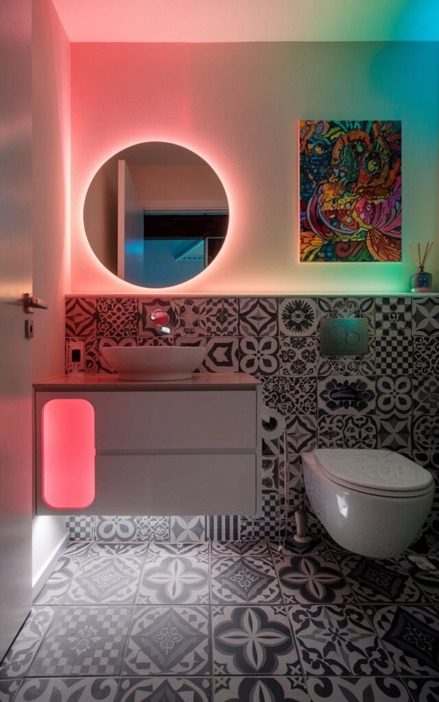 A photo of a modern bathroom with a floating vanity and a round mirror. The vanity has a warm pink LED light integrated under it and behind the mirror. The floor is covered with bold patterned tiles. The wall above the toilet has mixed metal fixtures. There is a vibrant artwork on the wall. The ambient light shifts color to match the mood and time of day.