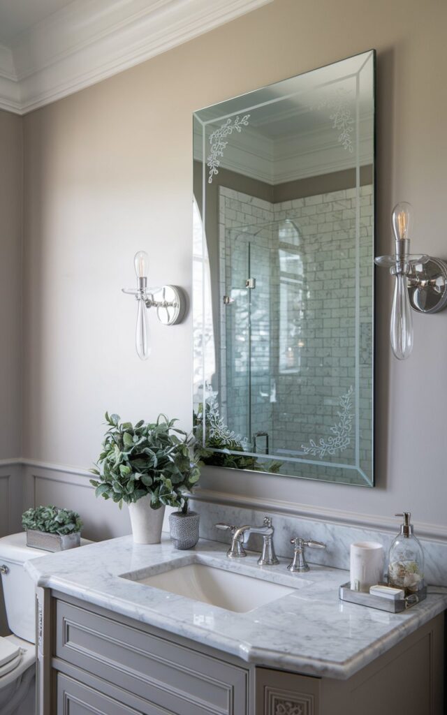 A photo of a transitional-style bathroom with a rectangular mirror mounted above a marble countertop. The mirror has delicate decorative etching along the edges of the glass, featuring a floral pattern. The etched pattern adds a soft, vintage-inspired detail to the space. The countertop is flanked by classic sconces, and the walls are painted in a pale gray hue. There is a vanity with essential items and a faux plant. The bathroom also has a toilet and a shower area. The room is illuminated by soft, ambient natural light.