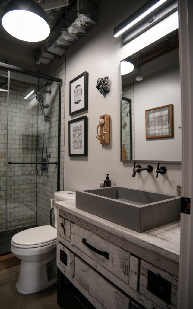 A photo of an industrial style bathroom with a fully furnished vanity that has a gray concrete sink and a matte black tap. The vanity is placed near a toilet and a shower area. The ceiling has an industrial light, and the walls have framed art. The space is well-decorated. The photo also shows a close view of the matte black hardware.