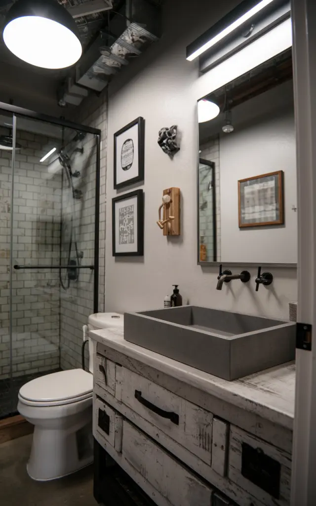 A photo of an industrial style bathroom with a fully furnished vanity that has a gray concrete sink and a matte black tap. The vanity is placed near a toilet and a shower area. The ceiling has an industrial light, and the walls have framed art. The space is well-decorated. The photo also shows a close view of the matte black hardware.