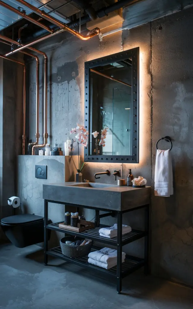 A photo of a moody industrial-style bathroom with a raw concrete wall, exposed copper pipes, and black steel fixtures. There is a matte black vanity with a concrete countertop, containing essential items and decor. The vanity is placed beneath a large metal-framed mirror. The bathroom has soft ambient lighting that highlights the gritty textures, creating a bold, urban vibe. The space is well-decorated and clutter-free.