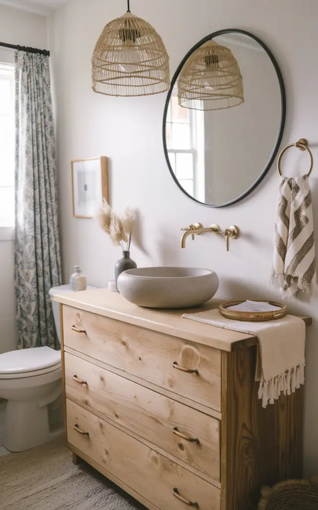 A photo of an old wooden dresser upcycled into a minimalist boho vanity in a bathroom. The dresser is topped with a smooth ceramic vessel sink in matte white or soft stone. The dresser has clean lines and a natural wood finish, honoring Japandi simplicity. There is a Boho pendant light, a woven tray, and a fringe hand towel. The bathroom also has a toilet, curtained window, etc.