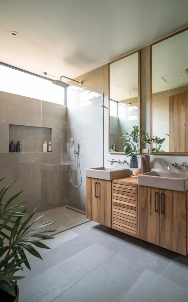A photo of a modern bathroom with a cottagecore design. The bathroom has a wooden vanity with two sinks and a mirror above it. There is a plant near the vanity. The floor is tiled. There is a separate wet area, enclosed with a glass partition, with a rainfall showerhead. 