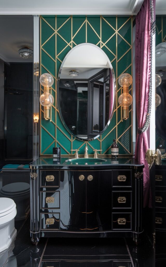 An Art Deco-style bathroom with a deep emerald green and gold geometric accent wall behind a sleek oval mirror. The bathroom features a black lacquered vanity with brass hardware, vintage globe sconces, and high-gloss finishes. The space is glamorous and statement-making. There is also a toilet and a curtained window in the bathroom. The photo captures the full view of the bathroom.
