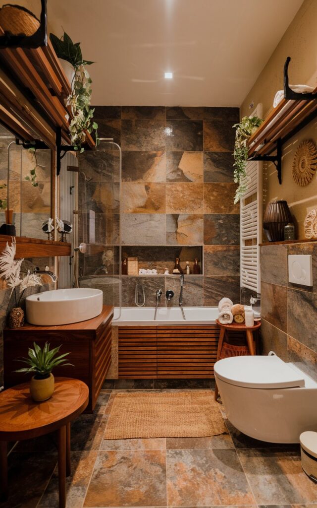 A fully furnished Asia Zen +Boho style bathroom with a spa-vibe. The bathroom has warm, earthy stone-look tiles. The space is well-organised and decorated with a variety of items. There is a wooden shelf with plants, a white bathtub with a wooden paneling, a white sink with a wooden base, a white toilet, and a round wooden table with a plant. There is a rug on the floor and a few decorative items. The lighting is soft.