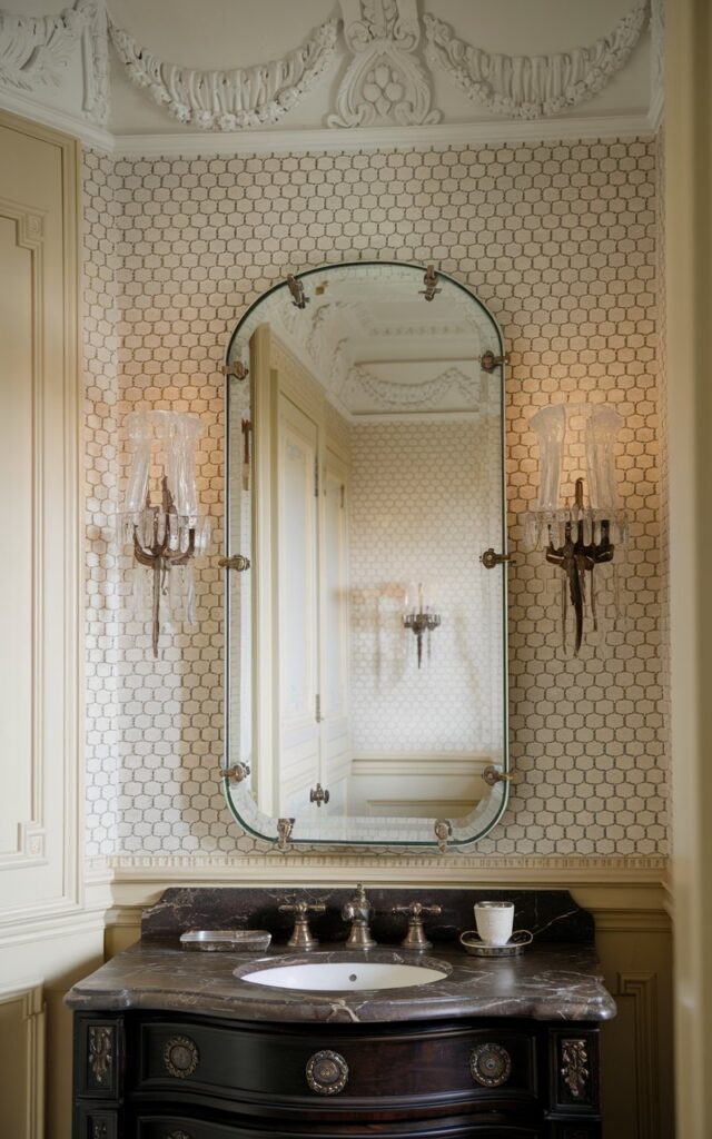 A photo of a French country-style bathroom with a pivot mirror featuring antique brass hardware. The mirror is mounted on a dark wood vanity with an ornate marble countertop. The wall behind the vanity is covered with elegant, patterned wallpaper. Classic sconces with frosted glass are mounted on either side of the mirror. The room has intricate crown molding and is illuminated by soft, natural light.