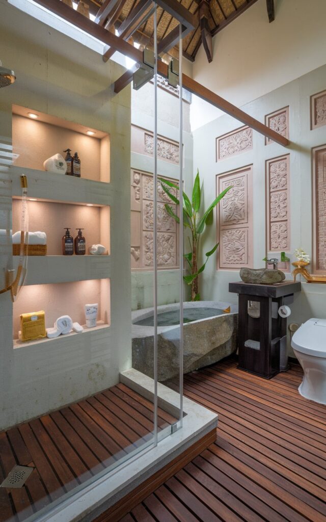 A fully furnished Balinese-style bathroom with a glass door. Inside the shower area, there are a few recessed shelves with LED lights. The shelves hold essential items such as shampoo bottles, towels, and oils. The bathroom has a wooden floor and features a stone bathtub, a washbasin, and a toilet. There's a plant inside the shower area. The walls have intricate carvings and are painted in soft colours.