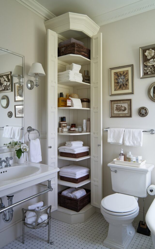 A traditional style bathroom with a tall, narrow storage cabinet installed in the corner. The cabinet has multiple shelves and is painted white. It is filled with toiletries, towels, and other bathroom essentials. The bathroom has a white sink, a toilet, and a bathtub. The walls are adorned with decorative items.