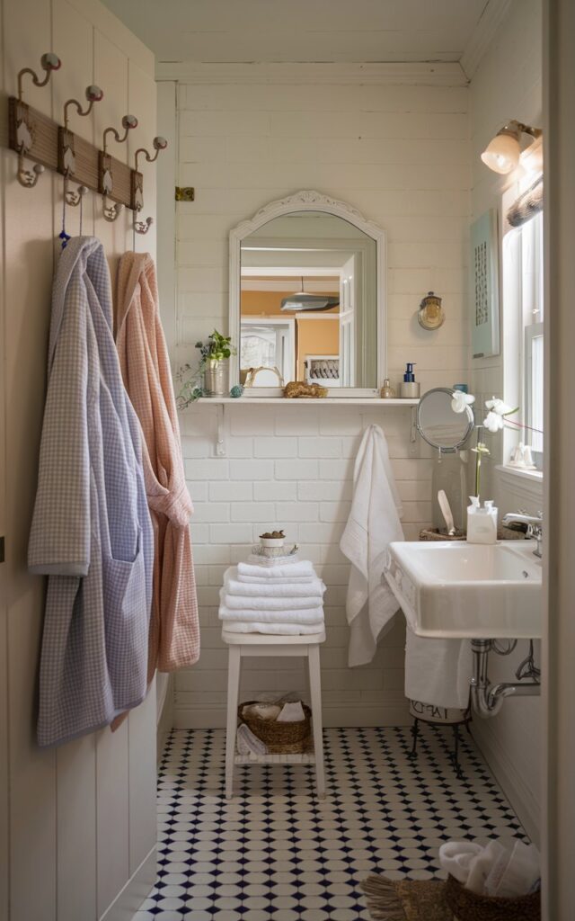 Install cute hooks or pegs on the back of the bathroom door (show view from inside bathroom) to hang towels, robes. The bathroom is shabby chic style, small, and charming. Soft, ambient lighting