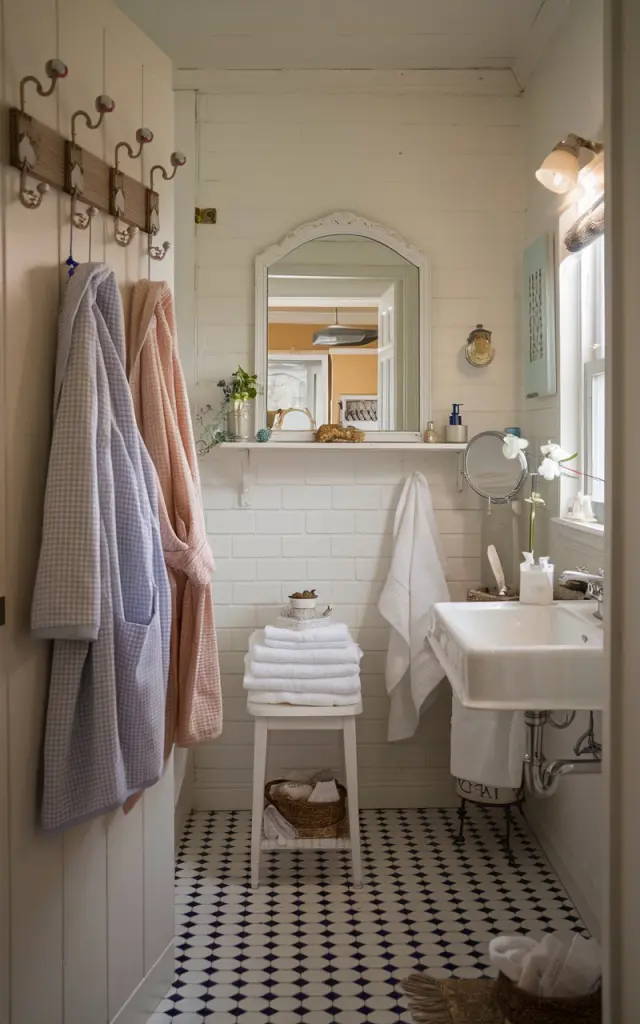 Install cute hooks or pegs on the back of the bathroom door (show view from inside bathroom) to hang towels, robes. The bathroom is shabby chic style, small, and charming. Soft, ambient lighting