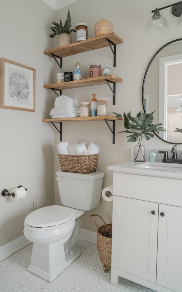 Install floating shelves above the toilet to store rolled towels in a basket, scented candles, cute jars, knick knacks, etc.