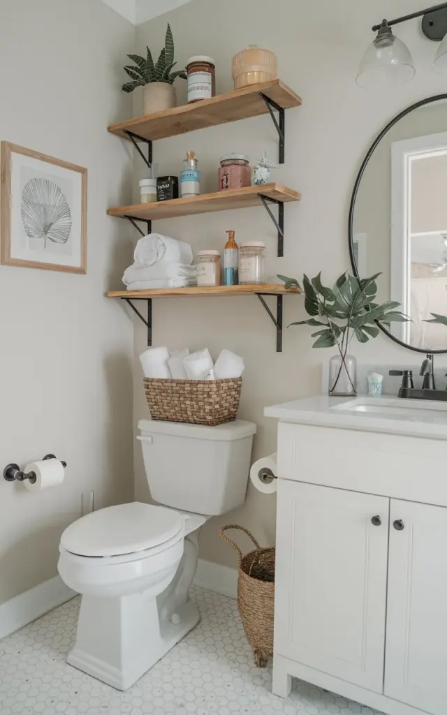 Install floating shelves above the toilet to store rolled towels in a basket, scented candles, cute jars, knick knacks, etc.