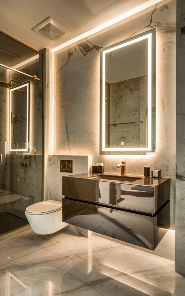 A photo of a modern glam bathroom with a sleek rectangular mirror featuring soft LED backlighting. The walls are made of marble, and the fixtures are gold. There is a floating vanity with a glossy finish. The bathroom has a toilet and a shower area. The lighting is warm and ambient, giving the space a luxurious, hotel-like ambiance.
