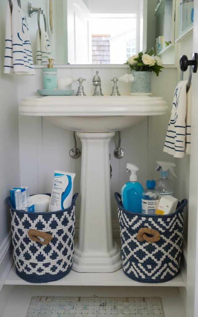A photo of a coastal-style bathroom with a pedestal sink. There are two decorative baskets placed under the sink. The baskets contain cleaning supplies, toiletries, and other bathroom essentials. The bathroom is small, charming, fully furnished, and well-lit.
