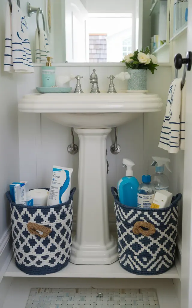 A photo of a coastal-style bathroom with a pedestal sink. There are two decorative baskets placed under the sink. The baskets contain cleaning supplies, toiletries, and other bathroom essentials. The bathroom is small, charming, fully furnished, and well-lit.