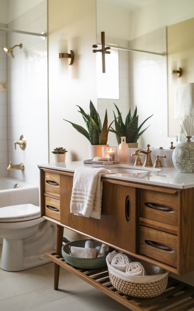 A photo of a mid-century modern bathroom with a wooden vanity. The vanity is fully furnished with essential items, a plant, a candle, and a few rolled hand towels. The hand towels are placed in a decorative basket. The bathroom has a toilet, a bathtub, and wall sconces. There's a decorative basket on top of the vanity. The natural light is soft and ambient.