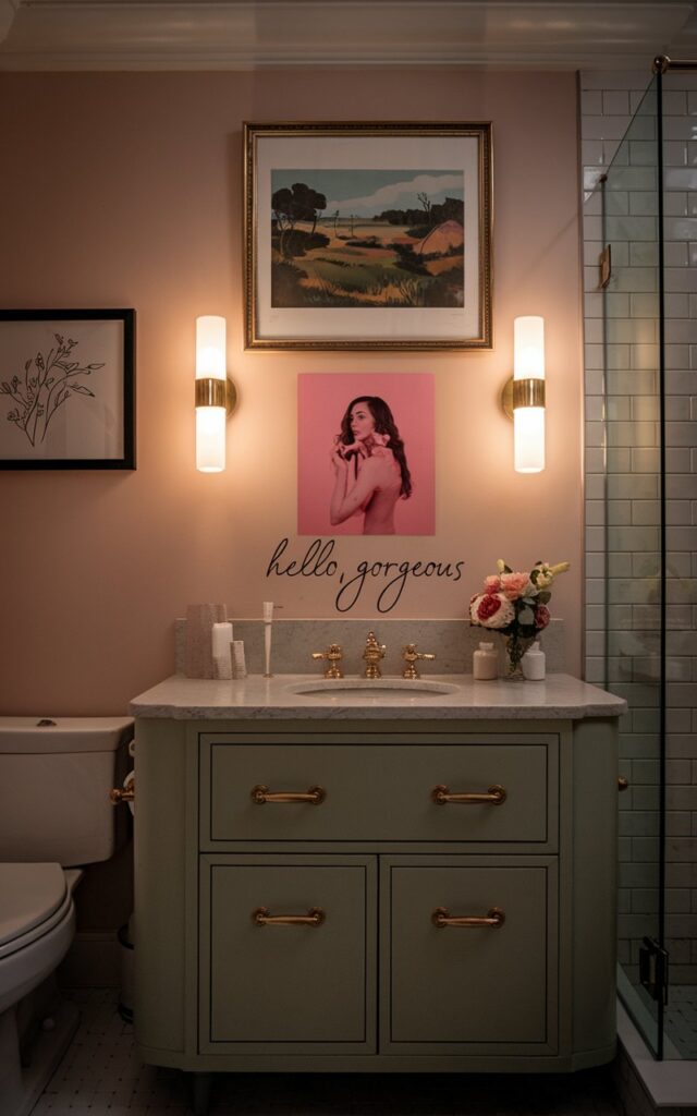 A photo of a Gustavian and art deco bathroom with a vanity. Above the vanity, there is a framed print of a landscape, a photo of a woman with a pink background, and a quote "Hello, gorgeous". The wall has warm wall sconces. The bathroom also has a toilet and a shower area. The lighting is soft and ambient.
