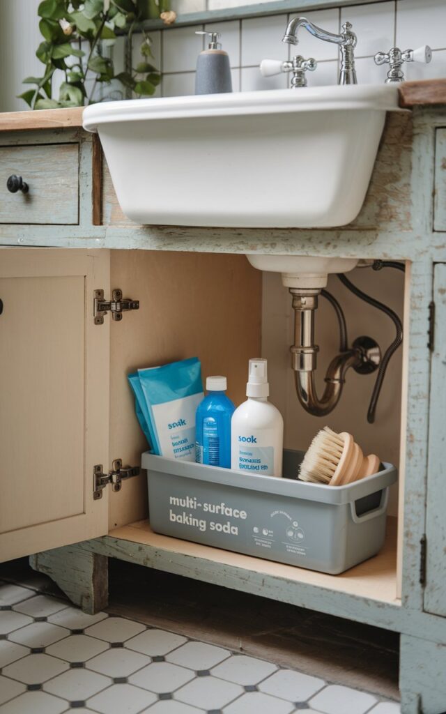 A photo of a French country-style bathroom with a mini cleaning kit placed inside an open cabinet under the sink. The cleaning kit contains disinfecting wipes, a scrub brush, multi-surface spray, and baking soda. The bathroom has a rustic charm with a white sink, a wooden cabinet, and a tile floor. There is a plant near the sink.