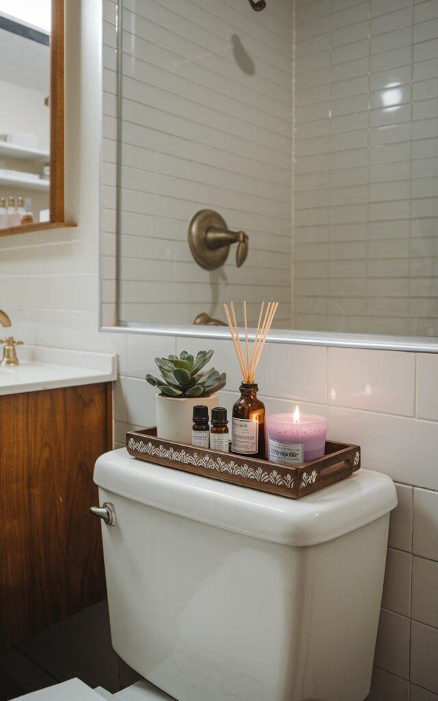 A photo of a mid-century modern small bathroom with a toilet tank. On the toilet tank, there is a decorative tray with a reed diffuser, essential oils, a scented lavender candle, and a small plant. The room has a vanity and a shower area. The walls are tiled.