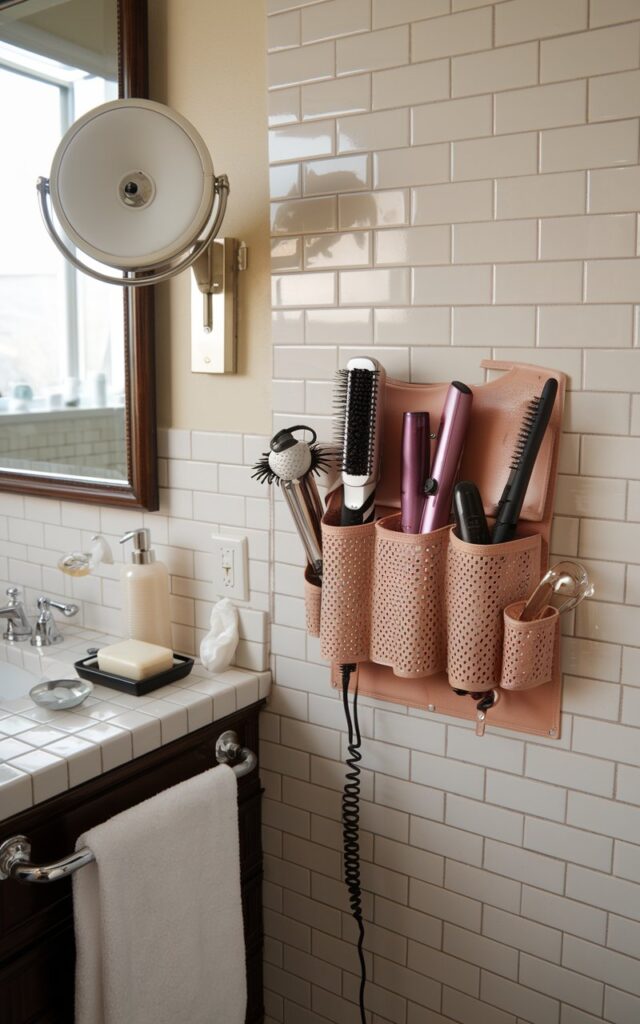 A bathroom photo with a tiled wall near a vanity. The wall has a heat-resistant holster attached to it, which holds various hair tools. There is a heater, straightener, curling iron, and a brush in the holster. The vanity has other essentials like a lamp, a toothbrush holder, and a soap dish. The floor is made of ceramic tiles.