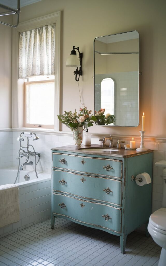 A photo of a vintage-style bathroom with a repurposed vintage dresser turned into a vanity. The dresser has a mirror above it. On the dresser, there's a vase with flowers and a candle. The bathroom has a bathtub, a window with curtains, and a wall-mounted lamp. The floor is tiled. The overall ambiance is soft lighting.