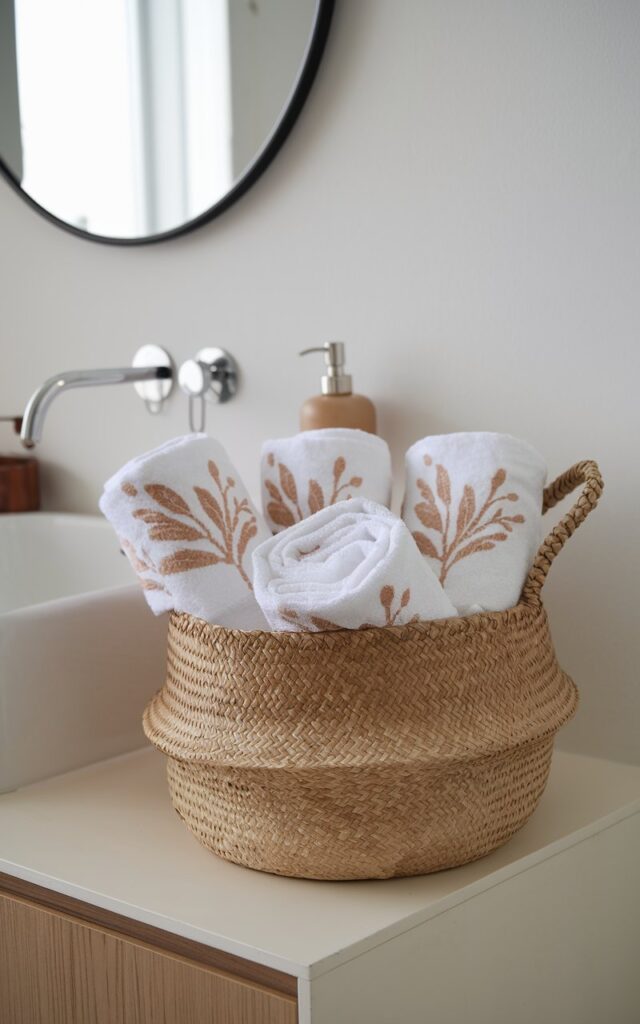 A minimalistic bathroom with a vanity, a mirror, and a woven basket. Inside the basket, there are white towels with warm beige mild floral designs. The towels are rolled and neatly arranged. The background contains a few items such as a soap dispenser and a wooden object.